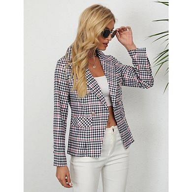 Women's Plaid Blazers Houndstooth Business Casual Work Office Jacket with Pockets