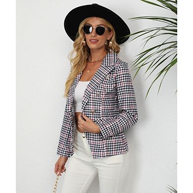 Women's Plaid Blazers Houndstooth Business Casual Work Office Jacket with Pockets