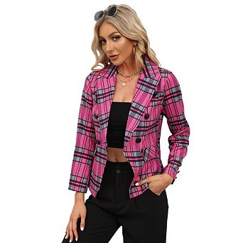 Women's Plaid Blazers Houndstooth Business Casual Work Office Jacket with Pockets