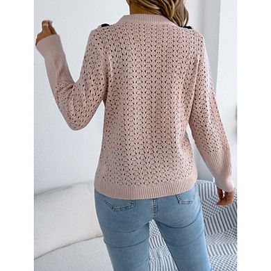 Womens Sweaters Crew Neck Cute Soft Long Sleeve Hollow Cable Knit Pullover Tops