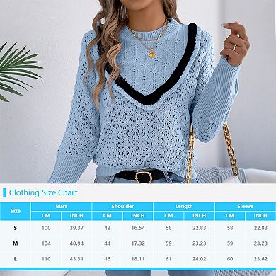 Womens Sweaters Crew Neck Cute Soft Long Sleeve Hollow Cable Knit Pullover Tops