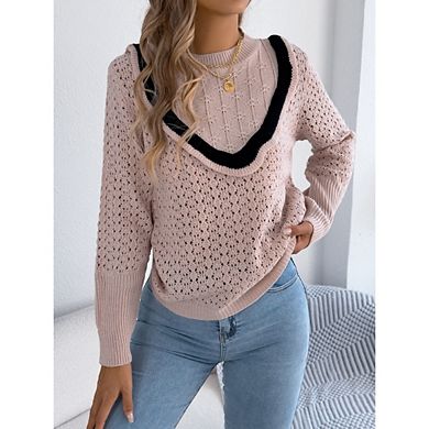 Womens Sweaters Crew Neck Cute Soft Long Sleeve Hollow Cable Knit Pullover Tops