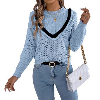 Womens Sweaters Crew Neck Cute Soft Long Sleeve Hollow Cable Knit Pullover Tops