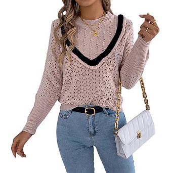 Womens Sweaters Crew Neck Cute Soft Long Sleeve Hollow Cable Knit Pullover Tops