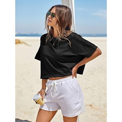 Womens Crop Tops Short Sleeve Crew Neck Loose T-Shirts Casual Basic Summer Clothes Soft Tees