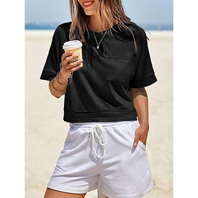 Womens Crop Tops Short Sleeve Crew Neck Loose T-Shirts Casual Basic Summer Clothes Soft Tees