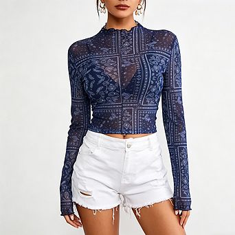 Women's Paisley Print Mesh Top Long Sleeve Mock Neck Sheer Cropped Layering Blouse