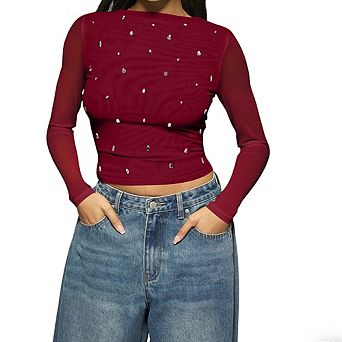 Women's Rhinestone Embellished Mesh Top Long Sleeve Boat Neck Fitted Cropped Blouse