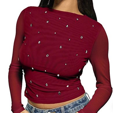 Women's Rhinestone Embellished Mesh Top Long Sleeve Boat Neck Fitted Cropped Blouse