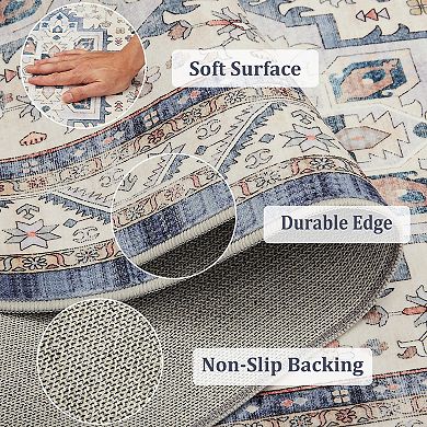 Vintage Boho Area Rug Soft Short Pile, Non-Slip & Washable, Non-Shedding Floor Mat