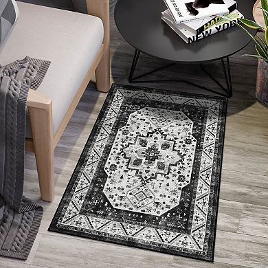 Vintage Boho Area Rug Soft Short Pile, Non-Slip & Washable, Non-Shedding Floor Mat