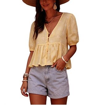 Women's Embroidered Peplum Blouse, V-Neck Puff Sleeve Button Down Shirt