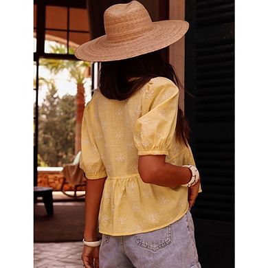 Women's Embroidered Peplum Blouse, V-Neck Puff Sleeve Button Down Shirt