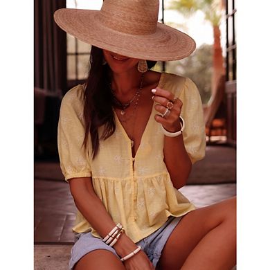 Women's Embroidered Peplum Blouse, V-Neck Puff Sleeve Button Down Shirt