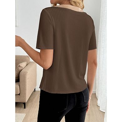 Women's Short Sleeve Shirt Casual Button Decorated Blocked Striped Knit T Shirt