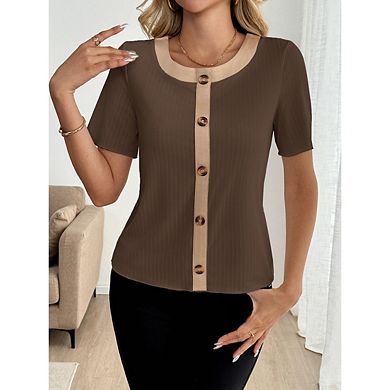 Women's Short Sleeve Shirt Casual Button Decorated Blocked Striped Knit T Shirt