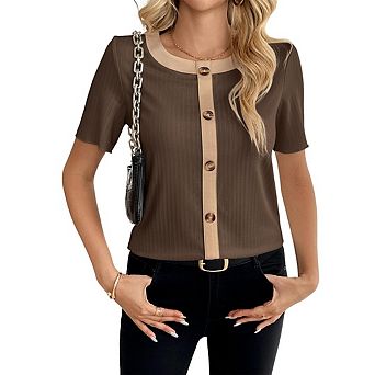 Women's Short Sleeve Shirt Casual Button Decorated Blocked Striped Knit T Shirt