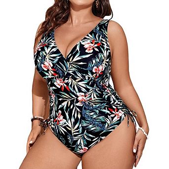 Women's Plus Size Floral One Piece Swimsuit, V Neck Ruched Drawstring Tummy Control Bathing Suit