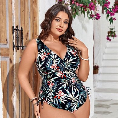 Women's Plus Size Floral One Piece Swimsuit, V Neck Ruched Drawstring Tummy Control Bathing Suit