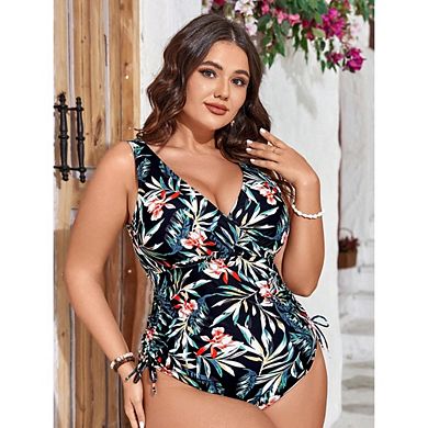 Women's Plus Size Floral One Piece Swimsuit, V Neck Ruched Drawstring Tummy Control Bathing Suit
