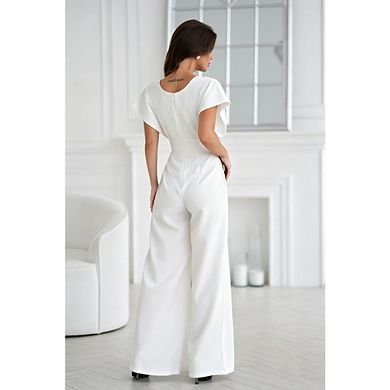 Women's Elegant V-Neck Wide-Leg Jumpsuit with Flutter Sleeves