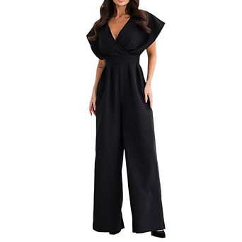Women's Elegant V-Neck Wide-Leg Jumpsuit with Flutter Sleeves
