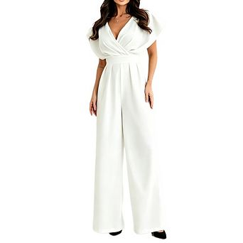 Women's Elegant V-Neck Wide-Leg Jumpsuit with Flutter Sleeves