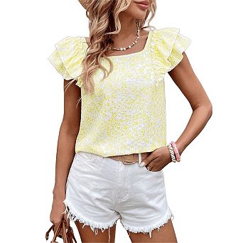 Women Casual Bow Tie Back Blouse Ruffle Sleeve Babydoll Shirt