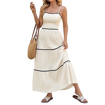 Women's Spaghetti Strap Tiered Maxi Dress with Rickrack Trim and Bow Back Detail