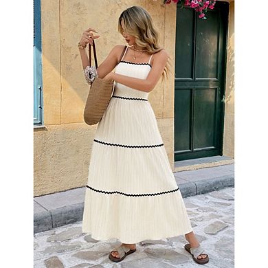 Women's Spaghetti Strap Tiered Maxi Dress with Rickrack Trim and Bow Back Detail