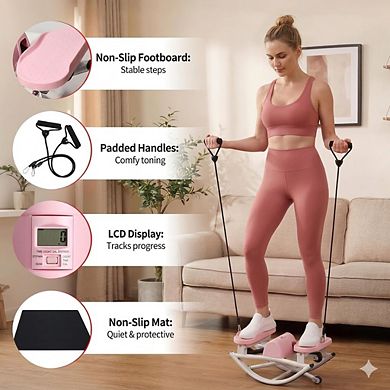 Rocking Fitness Stepper, Compact Lateral Home Cardio Machine with Resistance Bands & Mat