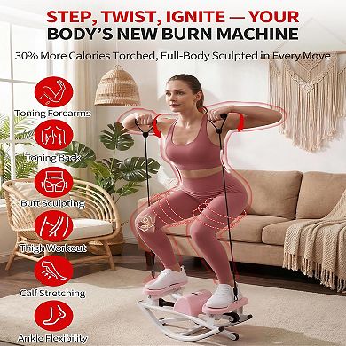 Rocking Fitness Stepper, Compact Lateral Home Cardio Machine with Resistance Bands & Mat