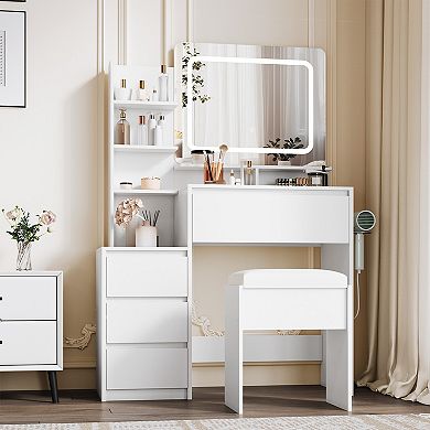 Modern Vanity Desk with LED Mirror and Drawers, Makeup Vanity Table with Stool