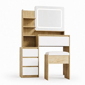 Modern Vanity Desk with LED Mirror and Drawers, Makeup Vanity Table with Stool