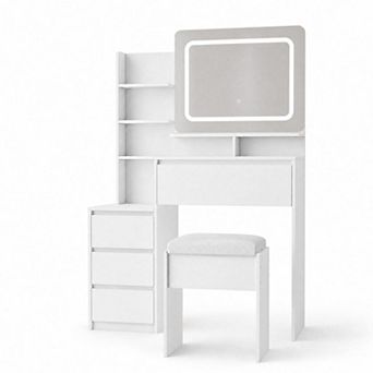 Modern Vanity Desk with LED Mirror and Drawers, Makeup Vanity Table with Stool