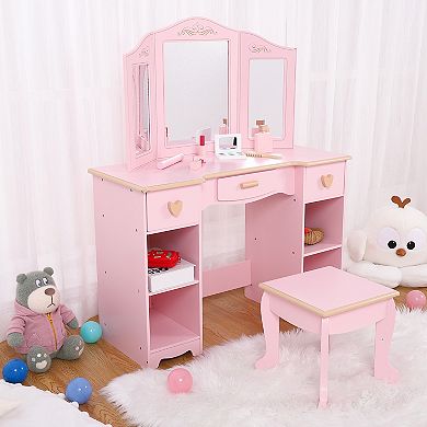 Deluxe Kids Vanity Set with Lighted Mirror, Vanity Table and Stool for Girls