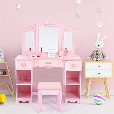 Deluxe Kids Vanity Set with Lighted Mirror, Vanity Table and Stool for Girls