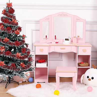 Deluxe Kids Vanity Set with Lighted Mirror, Vanity Table and Stool for Girls
