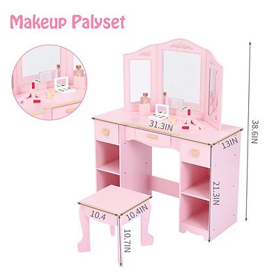 Deluxe Kids Vanity Set with Lighted Mirror, Vanity Table and Stool for Girls