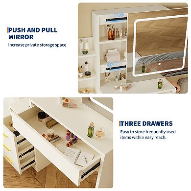 Movable Mirror Vanity Desk with 3-Color Lights and Outlet, Dressing Table Set with Stool