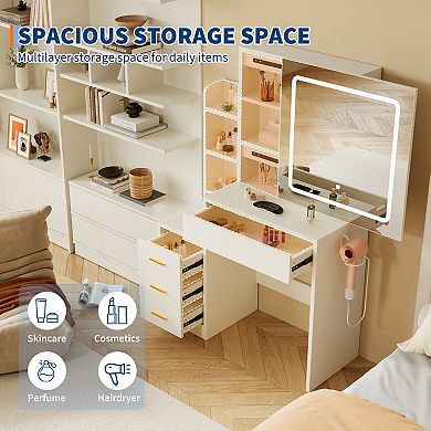 Movable Mirror Vanity Desk with 3-Color Lights and Outlet, Dressing Table Set with Stool