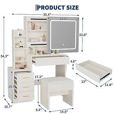 Movable Mirror Vanity Desk with 3-Color Lights and Outlet, Dressing Table Set with Stool