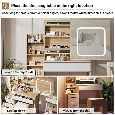 Sliding Door Vanity Desk with Lighted Mirror and Drawers, Dressing Table Cabinet Set