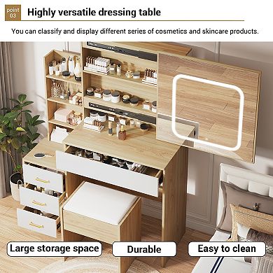 Sliding Door Vanity Desk with Lighted Mirror and Drawers, Dressing Table Cabinet Set