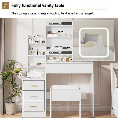 Sliding Door Vanity Desk with Lighted Mirror and Drawers, Dressing Table Cabinet Set