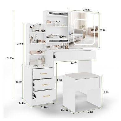 Sliding Door Vanity Desk with Lighted Mirror and Drawers, Dressing Table Cabinet Set
