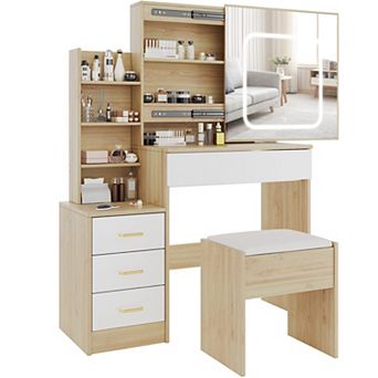 Sliding Door Vanity Desk with Lighted Mirror and Drawers, Dressing Table Cabinet Set