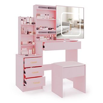 Sliding Door Vanity Desk with Lighted Mirror and Drawers, Dressing Table Cabinet Set