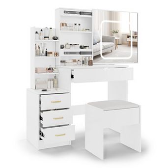 Sliding Door Vanity Desk with Lighted Mirror and Drawers, Dressing Table Cabinet Set