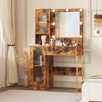 Mid Century Modern Vanity Desk with Lighted Mirror and Stool Set, Gold Legs